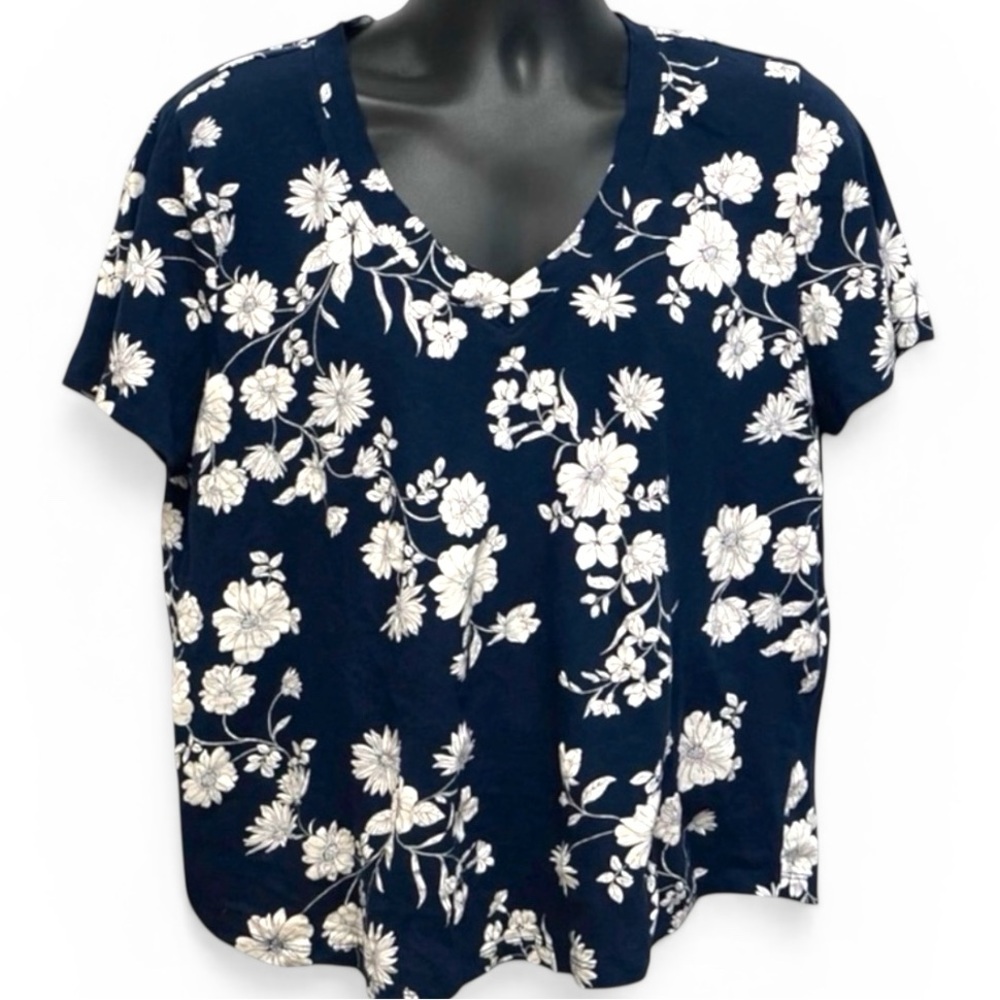 LOFT Navy Floral Cotton V-Neck Tee XL Blue White Short Sleeve